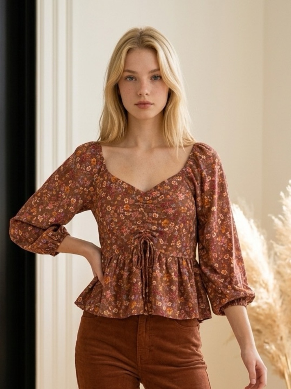 Pink Rose Brown Floral Peasant Blouse with Puff Sleeves